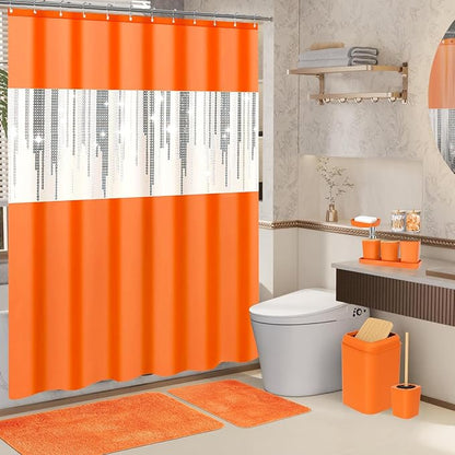 Bathroom Set,Bathroom Sets with Shower Curtain and Rugs Sequin Shower Curtain Set Orange Bathroom Rugs Sets Bathroom Decor