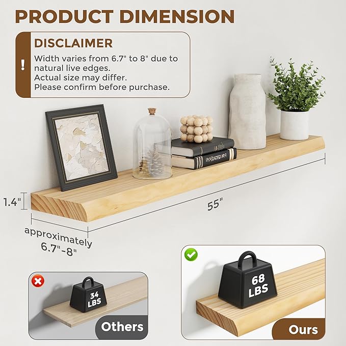 RICHFOCUS Live Edge Wood Floating Shelves 55" Natural Solid Wood Wall Mounted Shelf|Extra Long Floating Shelves for Wall with Invisible Bracket for Bathroom Kitchen Room|1Pcs, Natural