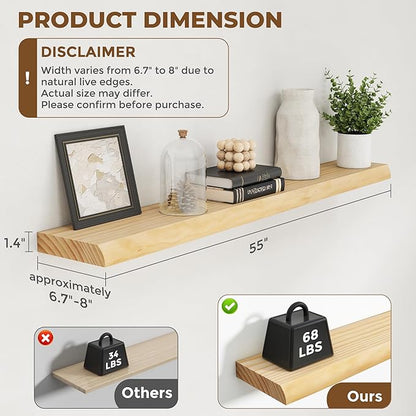 RICHFOCUS Live Edge Wood Floating Shelves 55" Natural Solid Wood Wall Mounted Shelf|Extra Long Floating Shelves for Wall with Invisible Bracket for Bathroom Kitchen Room|1Pcs, Natural