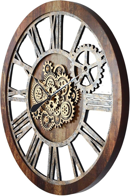 The Gears Clock 36'' Inch Real Moving Gear Wall Clock Vintage Industrial Oversized Rustic Farmhouse (Vintage Brown)