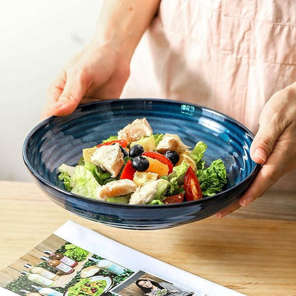 Pasta Bowls 32 OZ,Ceramic Salad Serving Bowls Set of 4,Large 8.7 inch Shallow Bowls Plates for Soup,Fruit,Noodle,Dinner,Dishwasher & Microwave Safe,Navy Blue