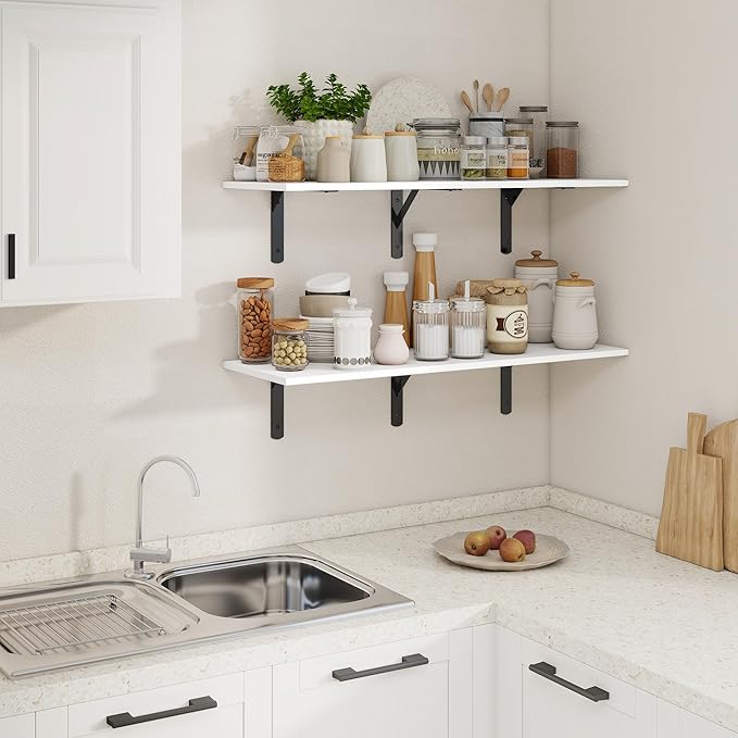 36 Inch White Floating Shelves Wall Mounted, 12 Inch Deep Wall Shelves with Visible Brackets, Deep Bookshelf for Home, Rustic Bathroom Shelf, Deep Shelves for Plant, Books, Set of 2