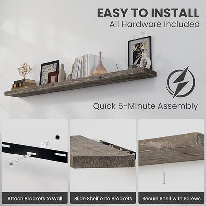 72 inch Floating Shelves for Wall, 8" Deep Rustic Reclaimed Barnwood Shelves, Floating Shelf Wall Hanging Shelves with Invisible Heavy-Duty Metal Bracket | Wall Mounted | Farmhouse Style, 1PC,Grey