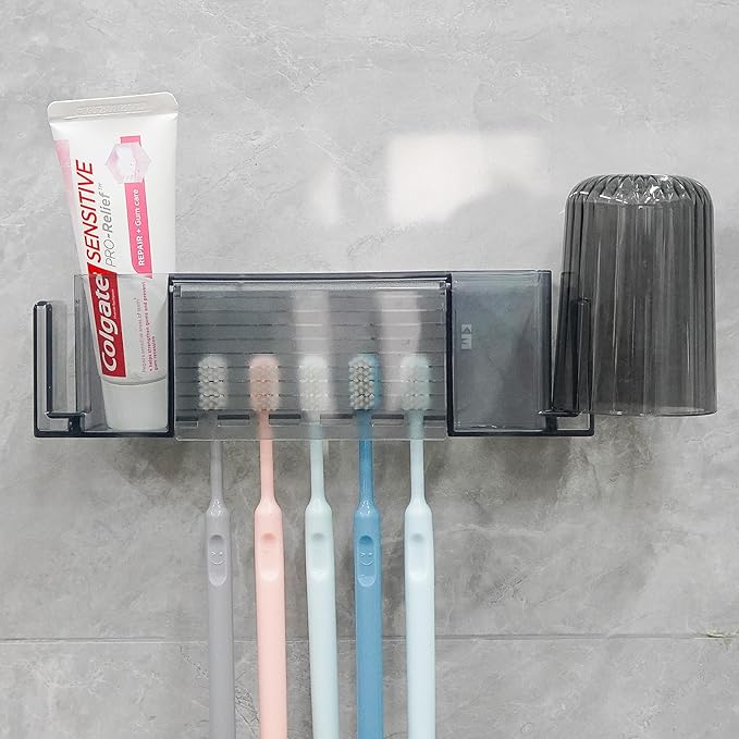 5 Slots Wall Mount Toothbrush Holder with Cover, Self Adhesive Toothbrush Storage Organizer for Shower, Toothpaste & Toothbrush Hanger for Bathroom, Medicine Cabinet, Dorm (Gray Large)