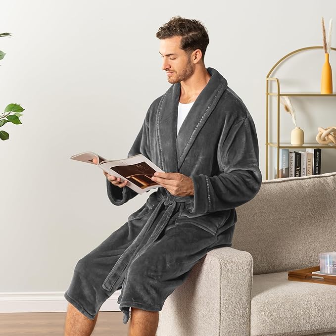 PAVILIA Mens Soft Robe | Warm Fleece Robes for Men, Soft Spa Bathrobe with Shawl Collar and Pockets
