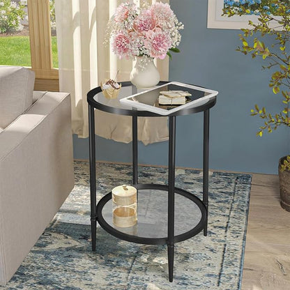 2 Tier Round Side Table, Black End Table with Glass Top, Modern Metal Clear Coffee Table，Small Accent Table for Living Room, Bedroom, 18" x 18" x 24"