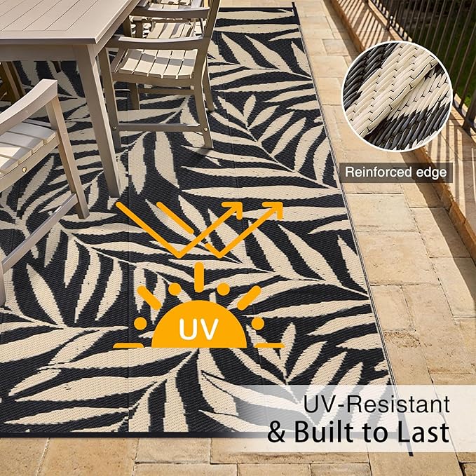 OLANLY Waterproof Outdoor Rug 6x9 ft, Reversible Outdoor Plastic Straw Rug with Leaf Pattern, RV Mat, Indoor Outdoor Carpet for Patio, Camping, Balcony, Deck, Backyard, Black & Beige