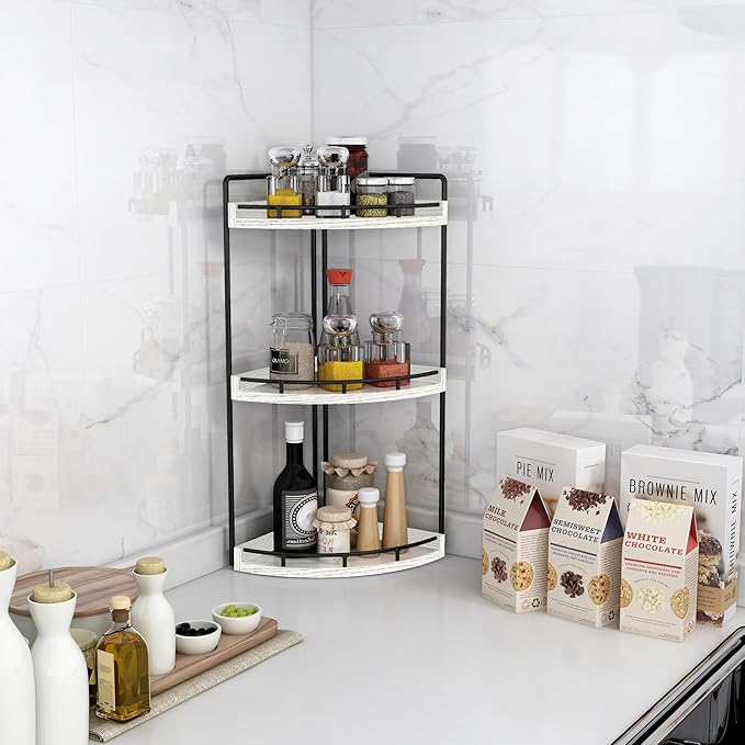 Dorhors 3-Tier Corner Bathroom Organizer Countertop for Storage,Vanity Tray,Wood Counter Organizer for Kitchen,Bathroom,Dresser (Rustic White)