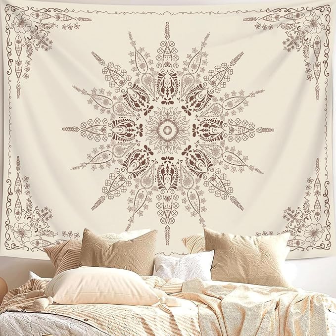 FORATER Floral Bohemian Tapestry, Flower Aesthetic Indian Wall Hanging Boho Tapestries Mandala Room Decor Tapestry for Bedroom Living Room Dorm (Flaxen, 82L x 61W)