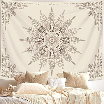 FORATER Floral Bohemian Tapestry, Flower Aesthetic Indian Wall Hanging Boho Tapestries Mandala Room Decor Tapestry for Bedroom Living Room Dorm (Flaxen, 82L x 61W)