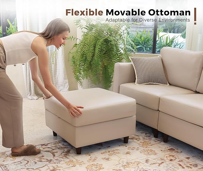 118.5" Faux Leather Modular Sectional Sofa, L Shaped Couch Set for Living Room, 7-Seater Comfy Cloud Couches with Storage Seat Whitesand