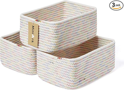 Small Storage Baskets for Organizing | Closet Organizer Bins | Shelf Toy Basket | Woven Rope Baskets | Cube Decorative Box | Shallow Basket | 11.5x7.5x4.7” | 3 Packs Rainbow