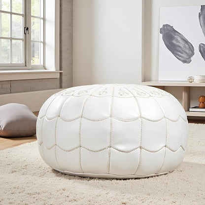 Stuffed Arch Design Moroccan Leather Pouf Ottoman, Handmade, Pre-Filled, 100% Genuine Leather, 14” Height x 22” Diameter – Boho Chic Footstool & Living Room Décor