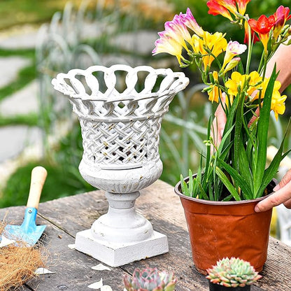 Sungmor Heavy Duty Cast Iron Urn Planter, Beautiful Hollow Trophy Design Tall Orchid Flower Pot, Large Decorative Plastic Flowers Plants Bouquets Vase, Rustic French Country Pot for Home or Garden