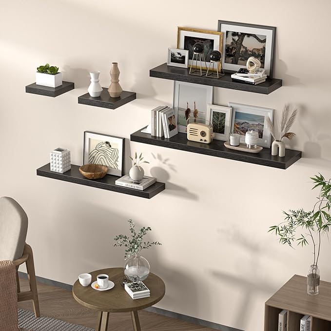 Square Floating Shelves for Wall, 8" W x 8" D x 1.2" H, Small Wooden Wall Mounted Display Shelves with Invisible Brackets for Living Room, Bedroom, Bathroom, Kitchen Decor, Set of 4, Black