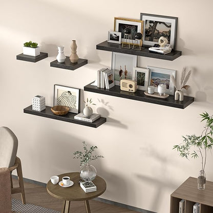 Square Floating Shelves for Wall, 8" W x 8" D x 1.2" H, Small Wooden Wall Mounted Display Shelves with Invisible Brackets for Living Room, Bedroom, Bathroom, Kitchen Decor, Set of 4, Black