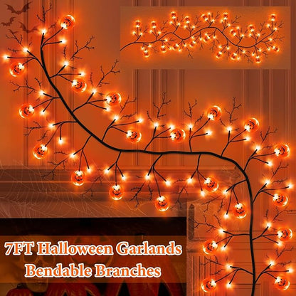 7 Ft 63 LED Halloween Decorations Willow Vine Twig Garland with 8 Modes Timer 21 Pumpkin Orange Lights, Halloween Garland with Waterproof Battery Operated for Indoor Wall Fireplace Decorations