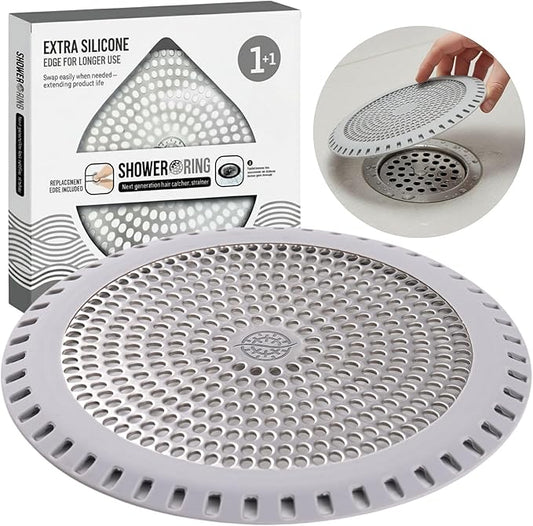 Shower Drain Hair Catcher – Ultra ShowerRing 5" Drain Cover for Flat & Domed Floors | Stainless Steel Hair Trap with Silicone Rim | High-Flow Strainer Prevents Clogs - Gray