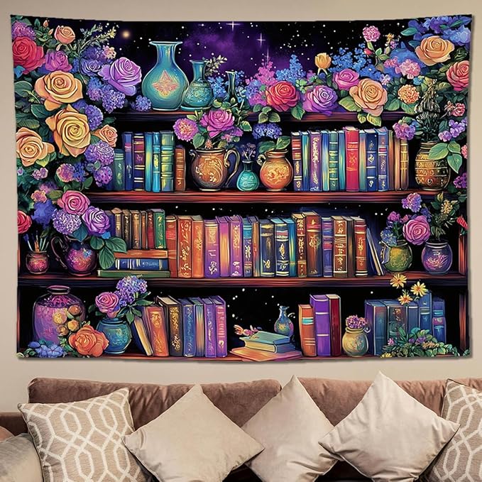 keowhsf Pink Purple Flower Bookshelf Wall Tapestry Colorful Tapestries for Bedroom Aesthetic Floral Tapestry Wall Hanging Cute Girl Bedroom Decor