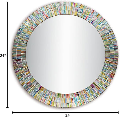 Bohemian Rainbow Wall Mirror -Glass Mosaic Mirror Decorative Wall Mirror, Multi Color Spectrum Wall Mountable, 24" Multi-Color Round Framed Mirror