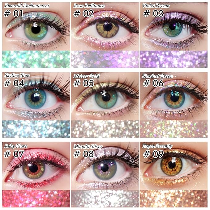CHARMACY 3 Pcs Glitter Sparkling Eyeliner Liquid Makeup Set, Metallic Shimmer Glitter Eyeshadow, High Pigmented, Waterproof Long Lasting Quick Drying Liquid Liner for Eyes (Red Silver Golden)