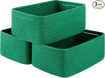 3 Pack Small Storage Baskets for Organizing, Cute Woven Decorative Gift Baskets for Shelves, Mini Closet Organizer Bins with Handles, 11.81''Lx7.87''Wx4.72''H-Green