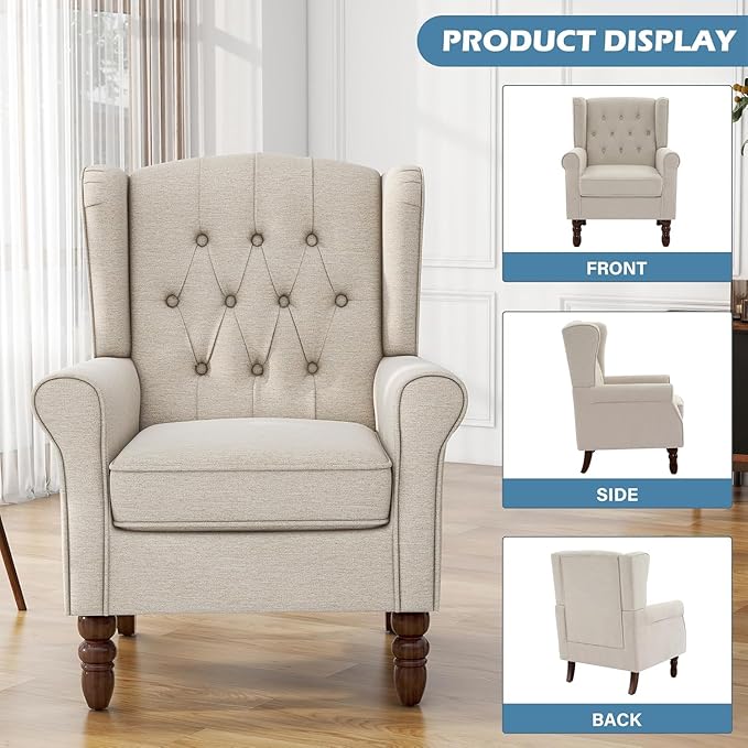 UIXE High Back Accent Chairs Set of 2, Upholstered Armchair in Fabric for Living Room, Retro Wingback Arm Chair Comfy Single Sofa Bedroom Reading Seat with Solid Wood Legs - Beige