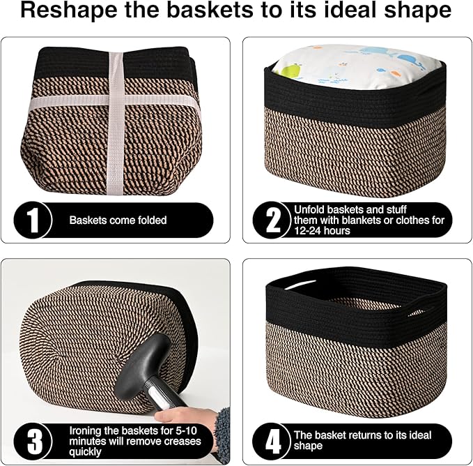 Storage Baskets for Shelves Organizing, Woven Cotton Rope Baskets for Storage, Book Basket, Decorative Shelf Basket, 12.5"Lx9.1''Wx7.9''H (4 Packs) Black & Jute