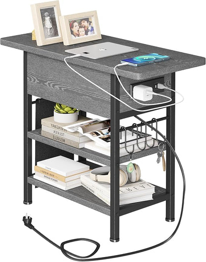 End Table with Charging Station, Flip Top Nightstand with USB Ports and Outlets,Couch Side Table with Fabric Bag and Hooks, Bedside Table for Space Saving, Living Room, Bedroom (Grey)