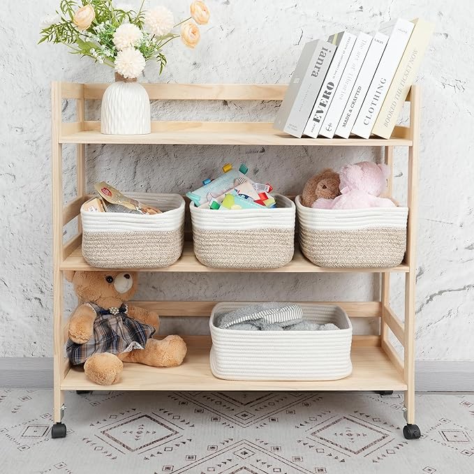 Small Woven Storage Baskets 12“X8”X5“ Decorative Rope Bins for Organizing Shelves, Closets, and Toys, Empty Gift Baskets, Cute Organizer Basket for Home and Office (white and brown regular)