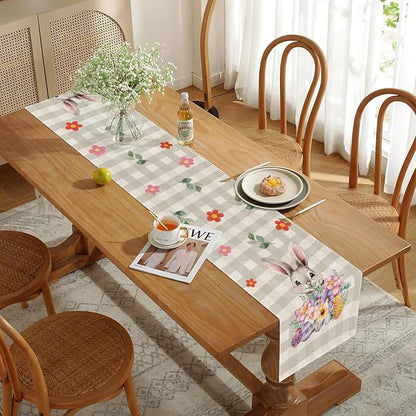 Easter Table Runner 13x72 Inch Bunny Rabbit Flowers Leaves Buffalo Plaid Eggs Seasonal Holiday Kitchen Dining Table Decoration for Indoor Kitchen Dining Home Party Decor
