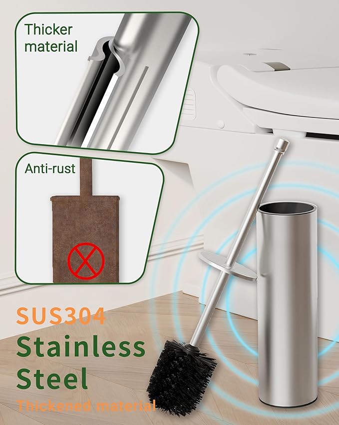 Toilet Brush and Holder Set, Toilet Bowl Brush for Bathroom with Long Handle, Stainless Steel Toilet Cleaner Brush with Durable Scrubbing Bristles,Splash-Proof (Brushed Nickel)