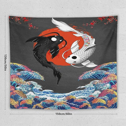 Houselerax Japanese Koi Fish Tapestries, Yin Yang Big Wave Cherry Blossom Tapestry Wall Hanging for Bedroom Living Room Office Decor 60"x50"
