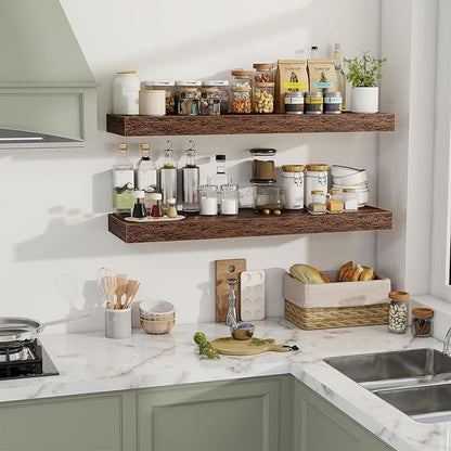 40 Inch Floating Shelves, 12" Deep Floating Shelf Wall Mounted, 40" Wall Shelves, Rustic Deep Bookshelf, Extra Deeper & Thicker Display Shelves for Bedroom, Living Room, Brown, Set of 2