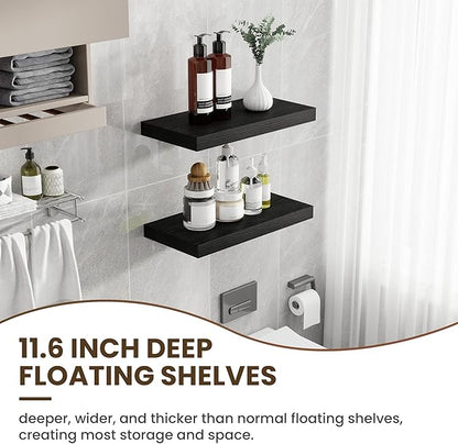 12 Inch Deep Floating Shelves, 24 Inch Long Floating Shelves for Wall, Floating Shelf with Invisible Brackets, Deep Shelves for Bathroom, Bedroom, Living Room, 2 Pack, Black