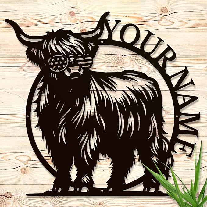 Personalized Highland Cow Name metal Signs,Custom Highland Cow Metal Shed Wall Decor,Black Metal Wall Art Plaques Outdoor wall Decorative Signage (Style G)