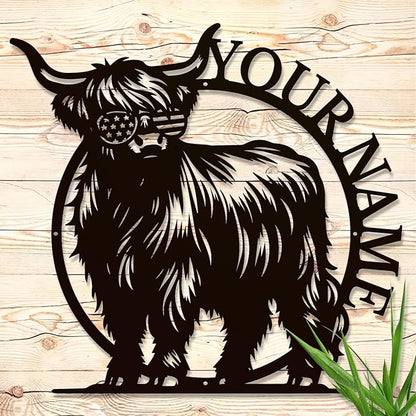 Personalized Highland Cow Name metal Signs,Custom Highland Cow Metal Shed Wall Decor,Black Metal Wall Art Plaques Outdoor wall Decorative Signage (Style G)