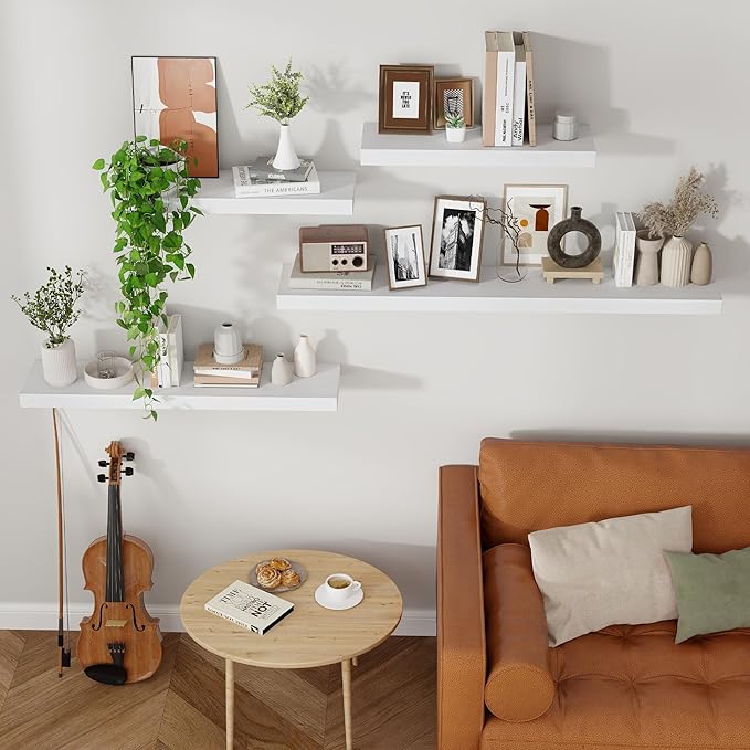 Axeman Floating Shelves, 8 Inch Deep Rustic Solid Wood Wall Shelves for Storage, Wall Mounted Display Shelving with Invisible Heavy-Duty Metal Bracket, 48" W x 8" D x 1.6" H, Distressed White