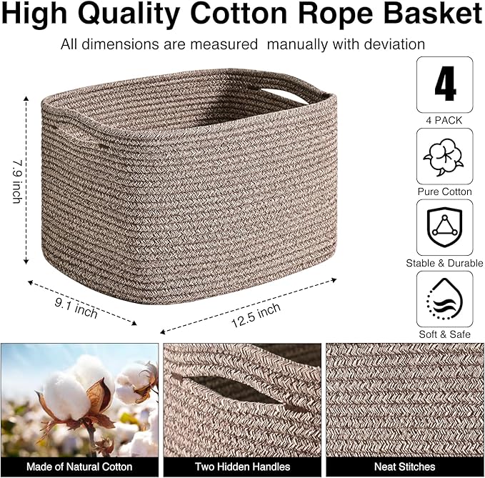 Storage Baskets for Shelves Organizing, Woven Cotton Rope Baskets for Storage, Book Basket, Decorative Shelf Basket, 12.5"Lx9.1''Wx7.9''H (4 Packs) Dark Brown