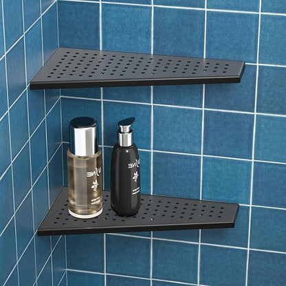 Corner Shower Shelf 2PCS, Trapezoid Bathroom Shelves 12'' for Tiled Wall, 304 Stainless Steel Grout in Shelf, No Drilling Needed (Black)