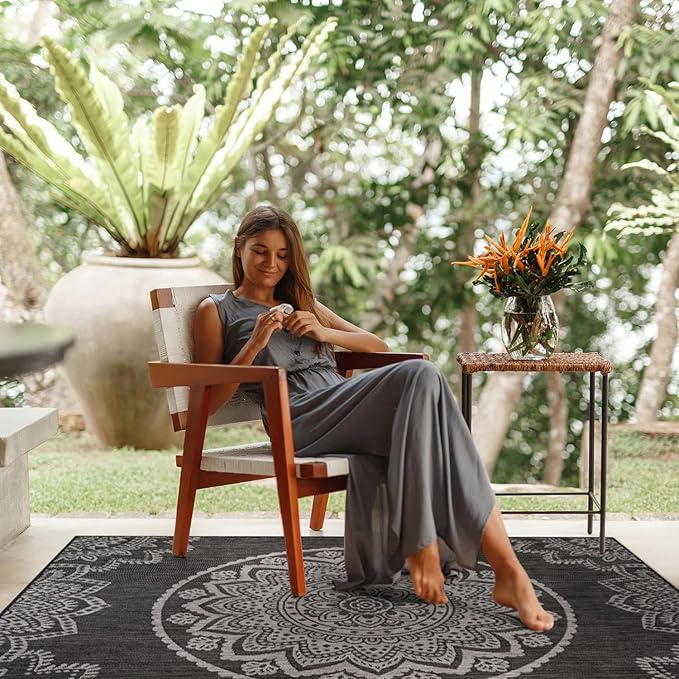 CAMILSON Outdoor Rug 8x10 Modern Area Rugs for Indoor and Outdoor Patios and Porches - Waterproof, Non-Shedding, Easy-to-Clean Outside Carpet (8 x 10, Medallion - Dark Grey/Light Grey)