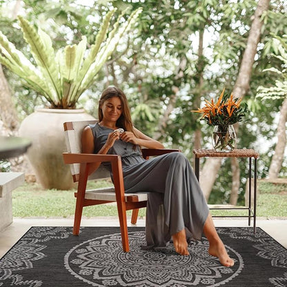 CAMILSON Outdoor Rug 8x10 Modern Area Rugs for Indoor and Outdoor Patios and Porches - Waterproof, Non-Shedding, Easy-to-Clean Outside Carpet (8 x 10, Medallion - Dark Grey/Light Grey)