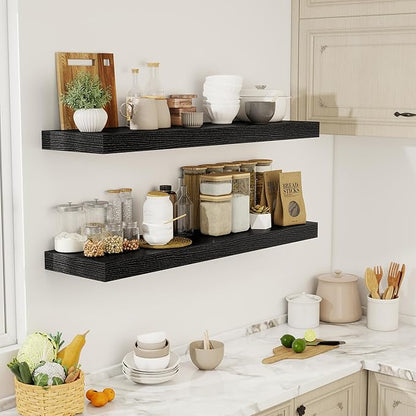 48 Inch Floating Shelves, 12" Deep Floating Shelf Wall Mounted, 48" Wall Shelves, Rustic Deep Bookshelf, Extra Deeper & Thicker Display Shelves for Bedroom, Living Room, Black, Set of 2