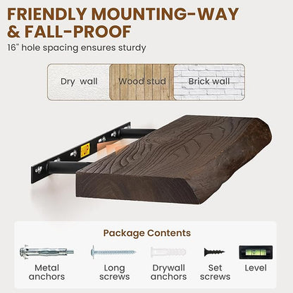 Solid Elm Wood Floating Shelves, 36 Inch Wood Floating Shelves for Wall, Live Edge Wooden Shelves Wall Mounted for Books, Bathroom, Kitchen, Walnut Color, Set of 2