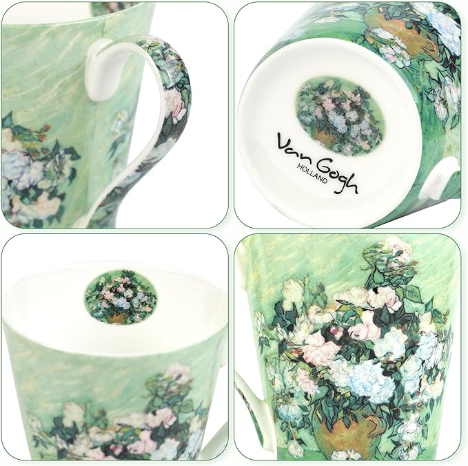 Coffee Mug Sets of 4, 12oz Bone China Porcelain Cups with Art Print Large Handle Dishwasher Microwave safe for Tea Cocoa or Hot Chocolate