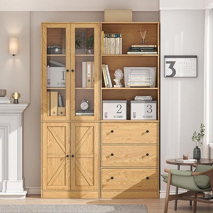 71" Tall Bookshelves Set of 2, Bookcase with Drawers & Bookshelf with Doors, Wooden Bookshelves Floor Standing Display Storage Shelves Home Decor Furniture for Home Office, Living Room,Natural