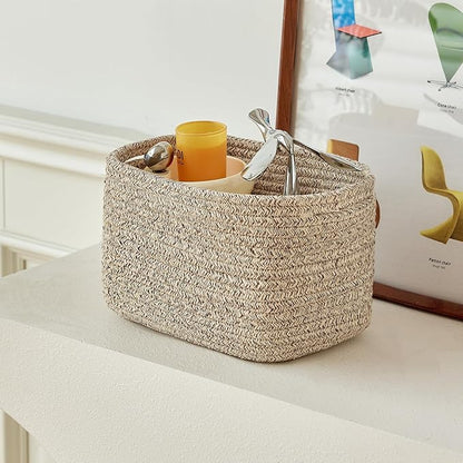 Small Cotton Rope Storage Basket Set of 3-11"x7"x7" Perfect Woven Baskets for Storage, Ideal Storage Baskets for Organizing Toys, Towels, and More - Baskets for Shelves and Home Decor（Beige）