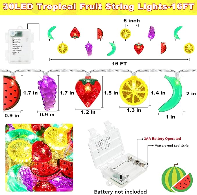 Couah [ 8 Modes & Timer ] 30 LED 16 Ft Summer Tropical String Lights Strawberry Grape Watermelon Lemon Banana Fairy Lights Battery Operated for Tropical Party Pool Beach Summer Decorations