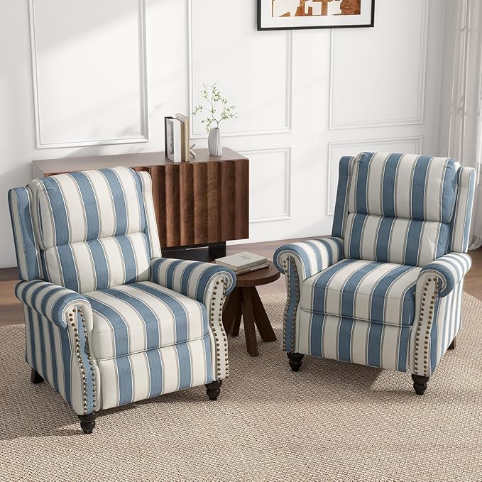 UIXE Pushback Recliner Chairs Set of 2, Fabric Overstuffed Armchair Push Back Accent Chair for Living Room, Rivet Trim Club Chair Home Theater Bedroom Side Reading Seats - Strip Navy