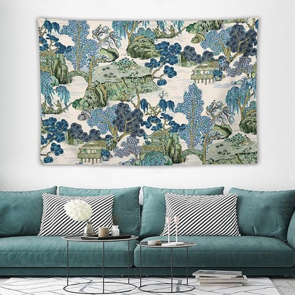 Chinoiserie Tapestry,Asian Watercolor Abstract Art Tapestry,Asian Japanese Wall Tapestry, Nature Landscape Tapestries for Bedroom Living Room Decor 60"x40"